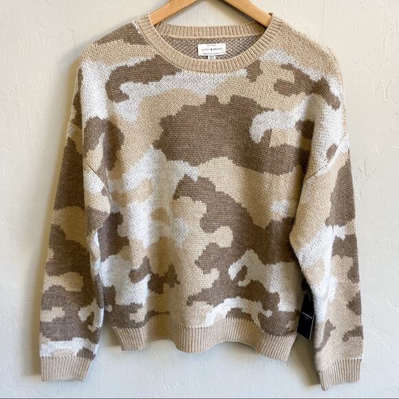 NWT Lucky Brand Neutral‎ Tan Camo Wool Pullover Sweater - Picture 2 of 6